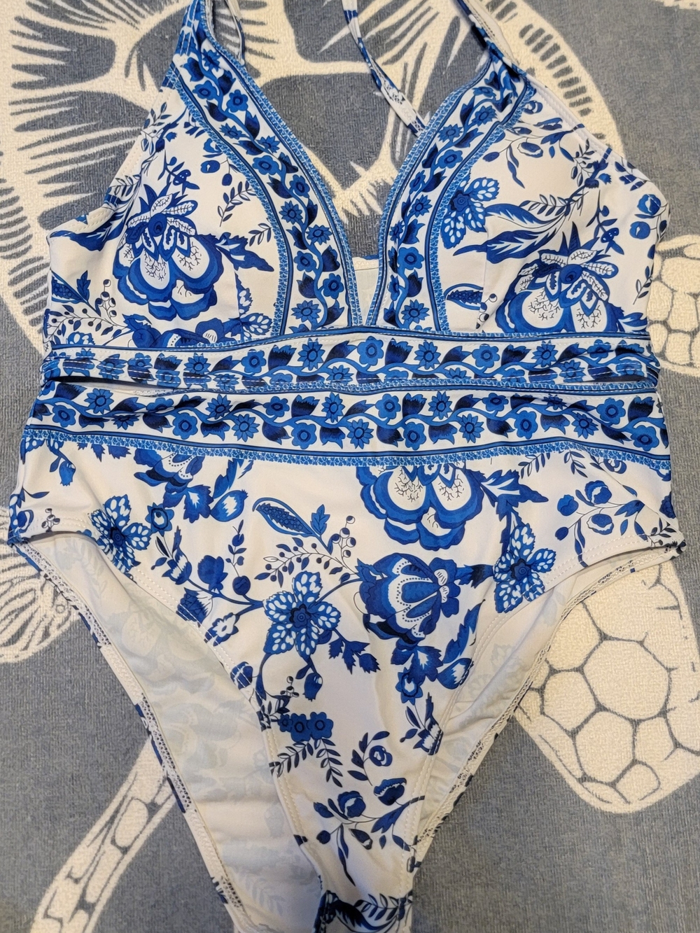 SHEIN White and Blue Floral One-Piece Bikini